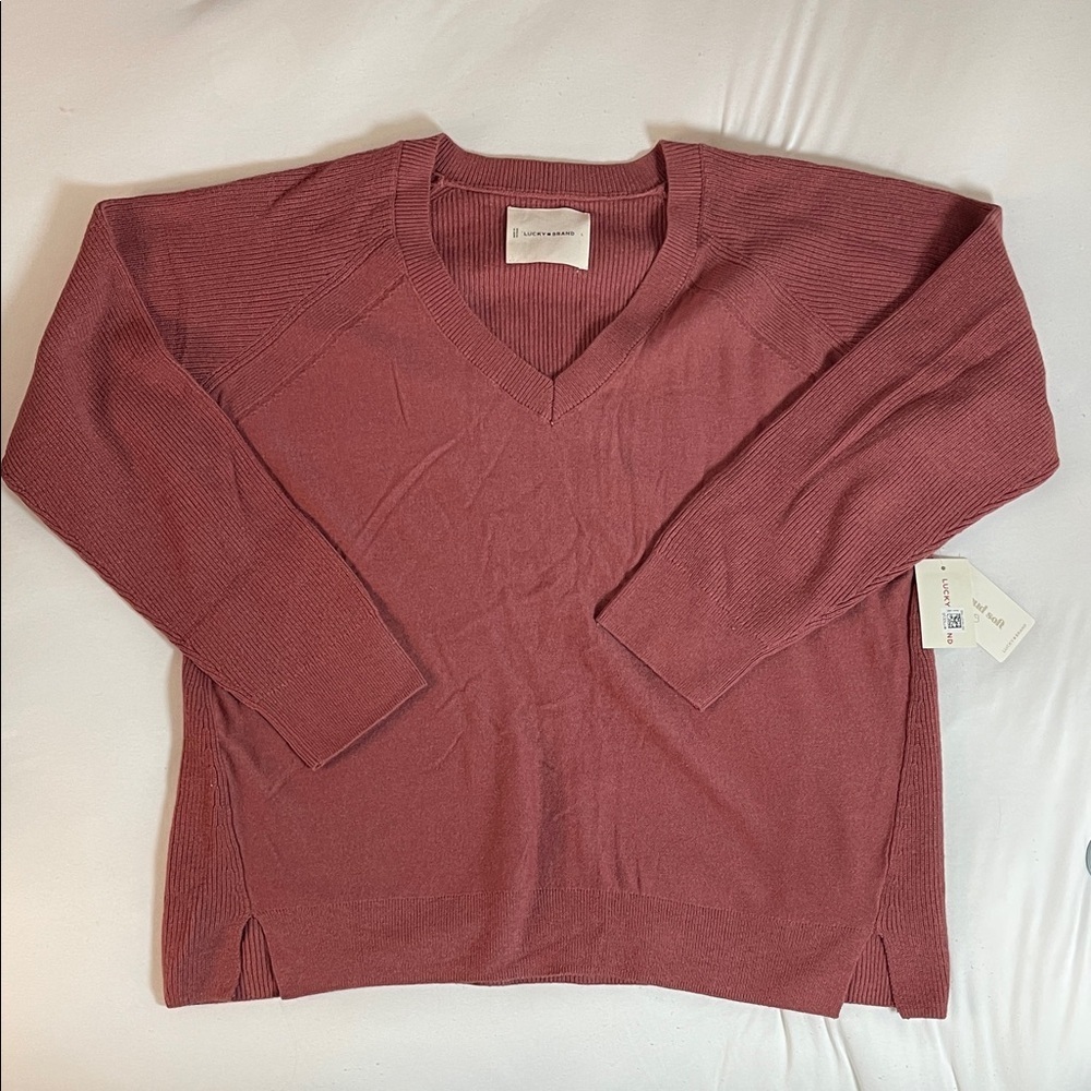 Lucky Brand V-Neck Cotton Cashmere Sweater - Mauve/Dusty Rose